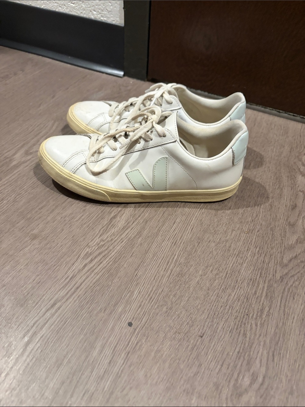 Veja Women's Leather Sneakers in Off-White with Mint V